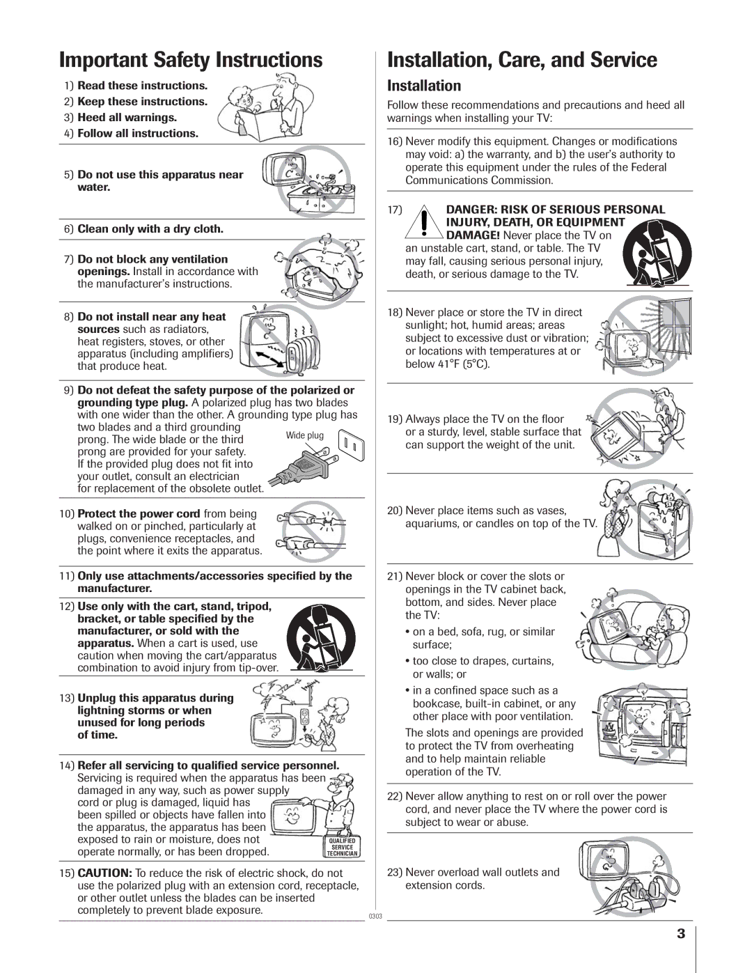 Toshiba 32AF14 owner manual Important Safety Instructions, Installation 