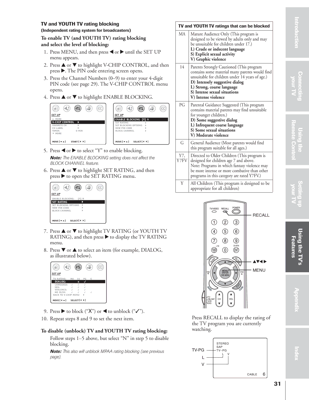 Toshiba 32AF14 owner manual To disable unblock TV and Youth TV rating blocking, TV and Youth TV ratings that can be blocked 