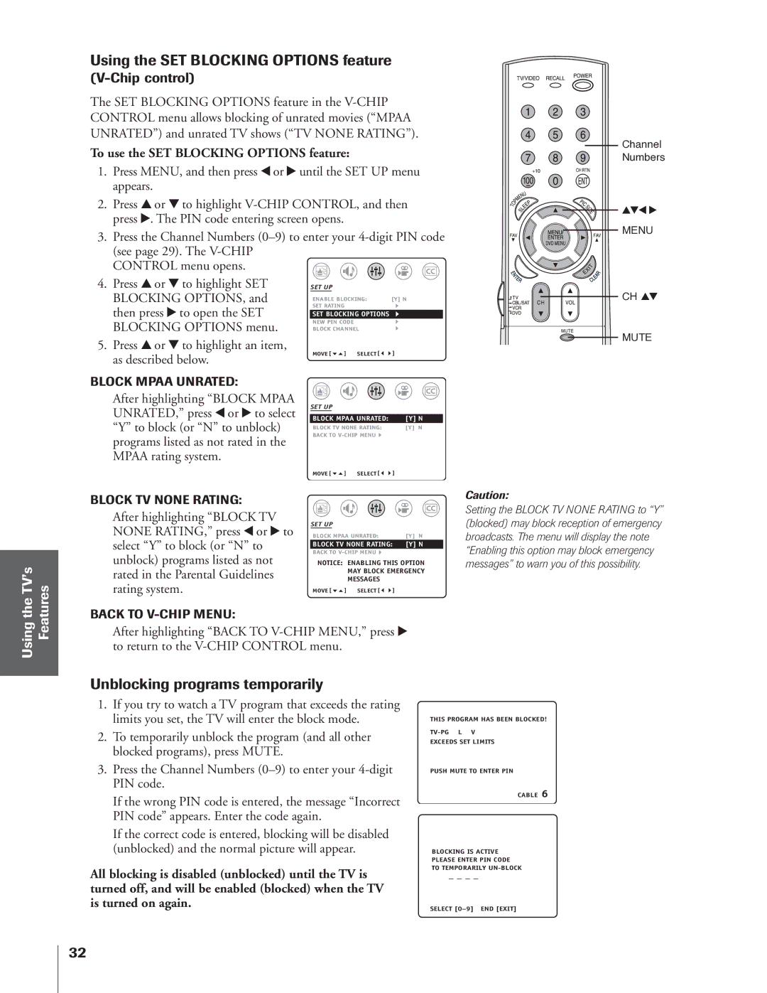 Toshiba 32AF14 owner manual Using the SET Blocking Options feature, Unblocking programs temporarily, Chip control 