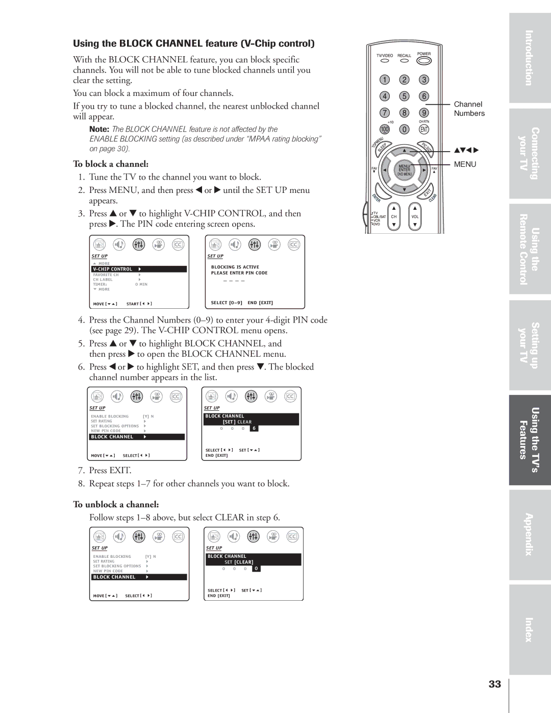 Toshiba 32AF14 owner manual Using the Block Channel feature V-Chip control, To block a channel, To unblock a channel 