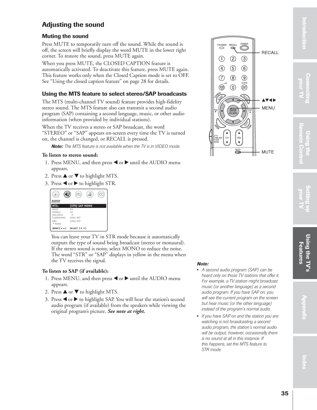 Toshiba 32AF14 owner manual Adjusting the sound, Muting the sound, Using the MTS feature to select stereo/SAP broadcasts 