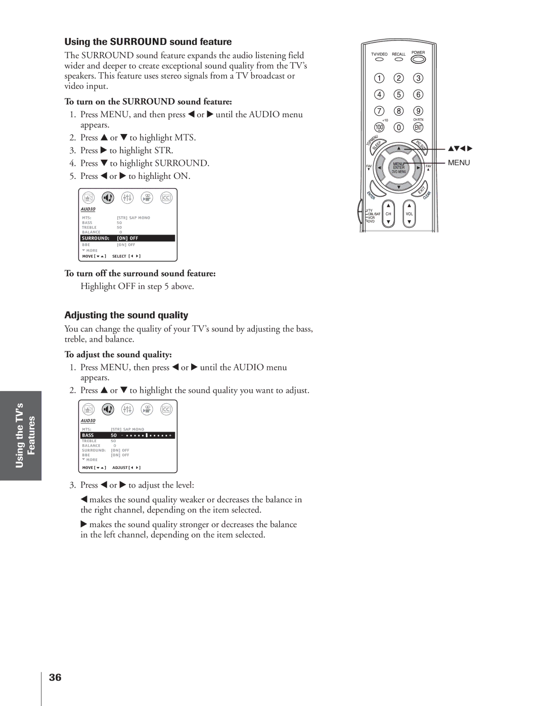 Toshiba 32AF14 Using the Surround sound feature, Adjusting the sound quality, To turn on the Surround sound feature 