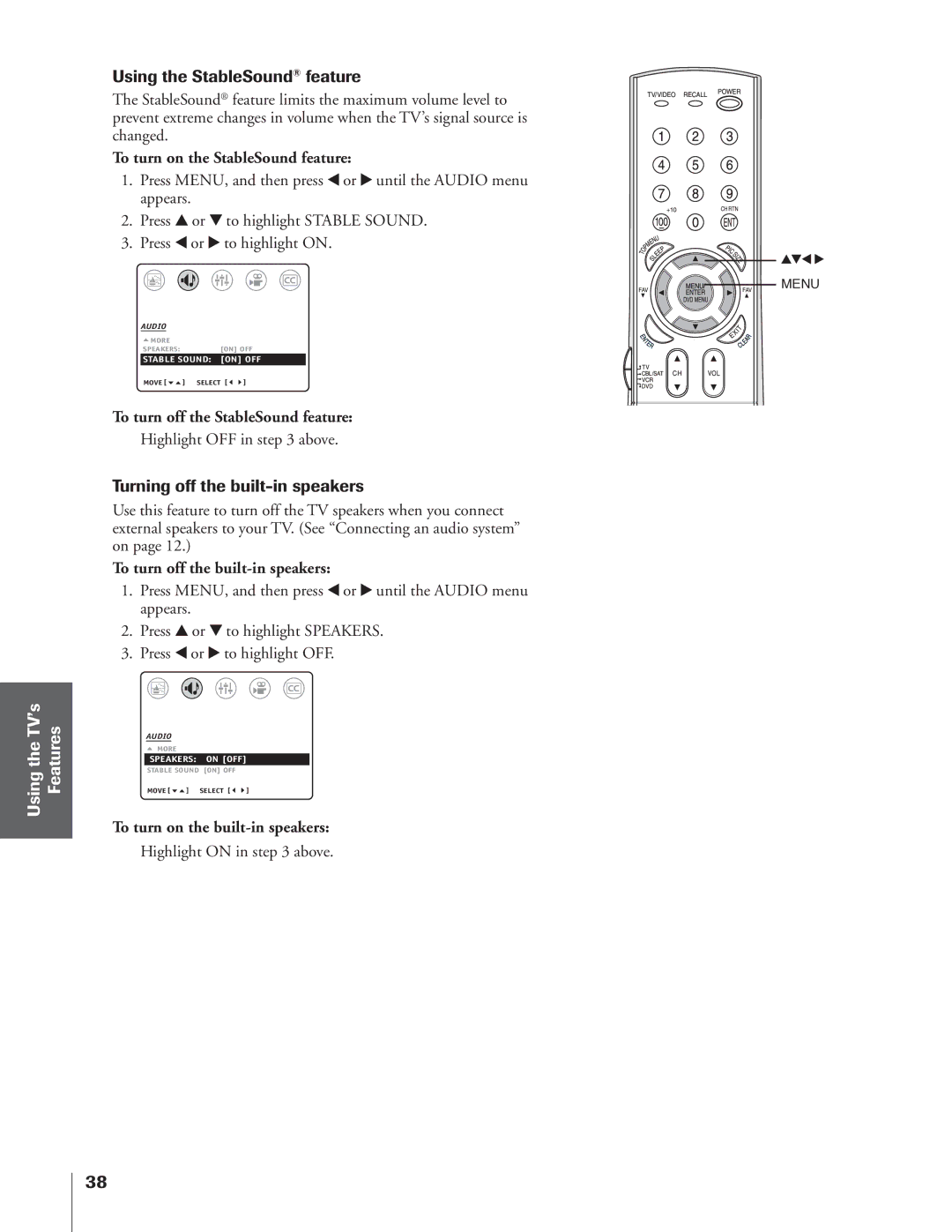 Toshiba 32AF14 owner manual Using the StableSound feature, Turning off the built-in speakers 