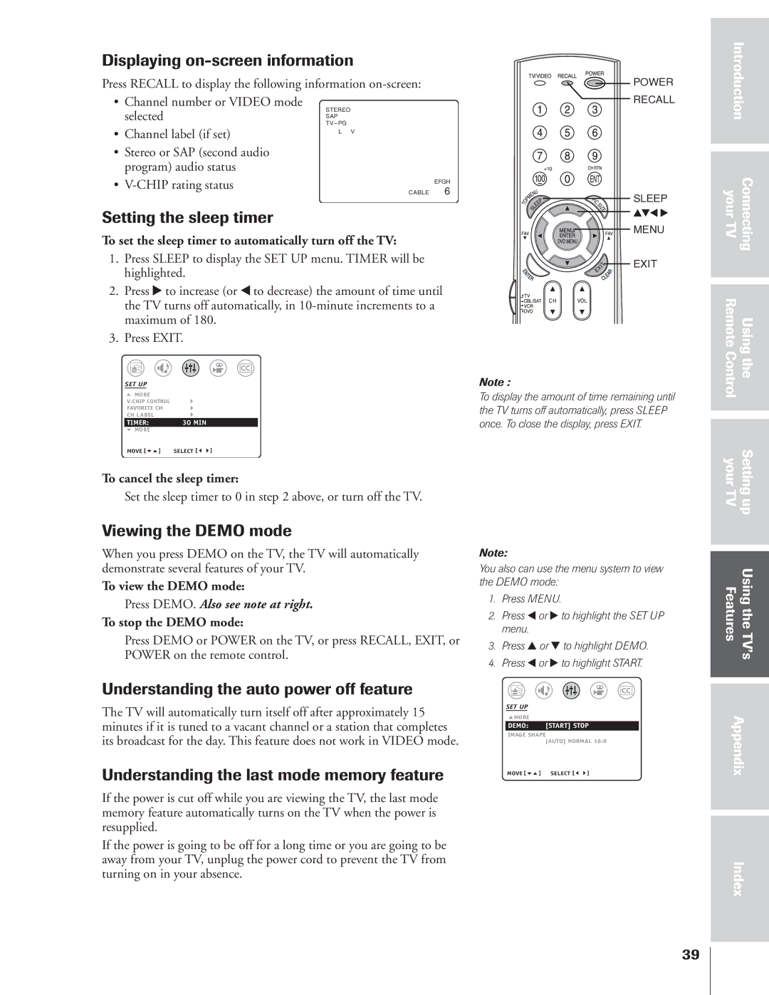 Toshiba 32AF14 owner manual Displaying on-screen information, Setting the sleep timer, Viewing the Demo mode 