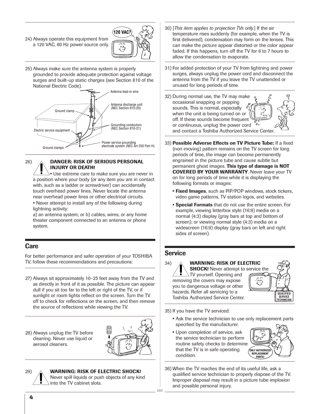 Toshiba 32AF14 owner manual Care, Service, Sunlight or room lights reflect on the screen. Turn the TV 