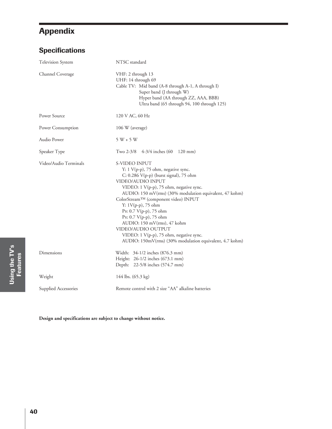 Toshiba 32AF14 owner manual Appendix, Specifications 