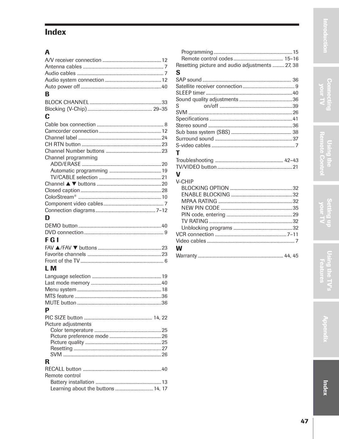 Toshiba 32AF14 owner manual Index, Resetting picture and audio adjustments 