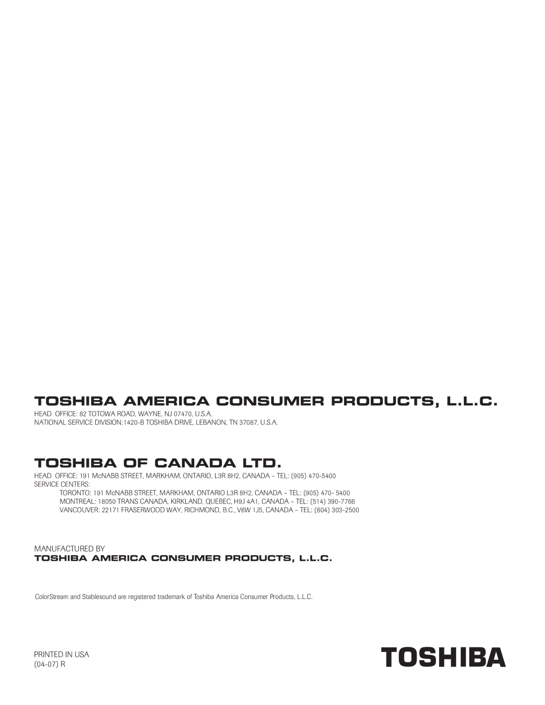 Toshiba 32AF14 owner manual Toshiba America Consumer PRODUCTS, L.L.C 