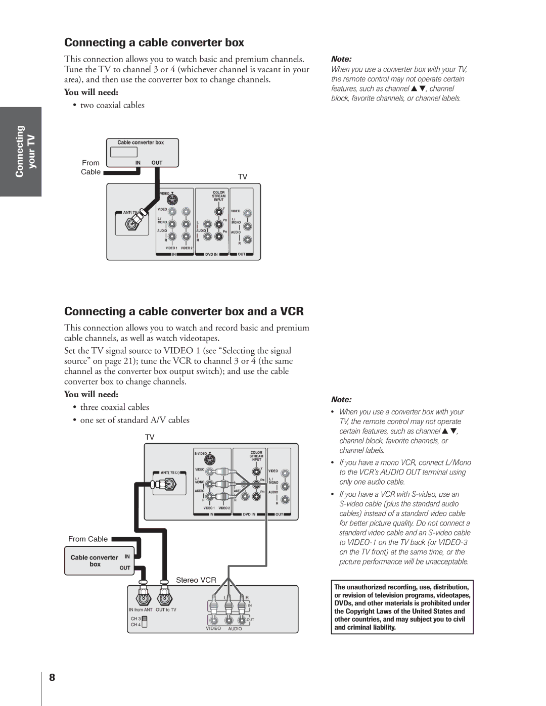 Toshiba 32AF14 owner manual Connecting a cable converter box and a VCR, Two coaxial cables 