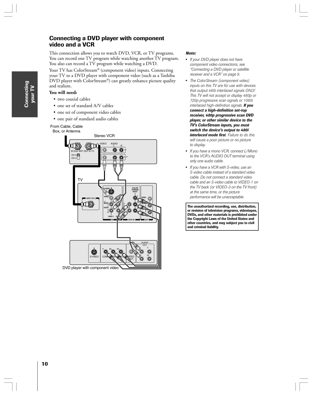 Toshiba 32AF44 owner manual Connecting a DVD player with component video and a VCR 