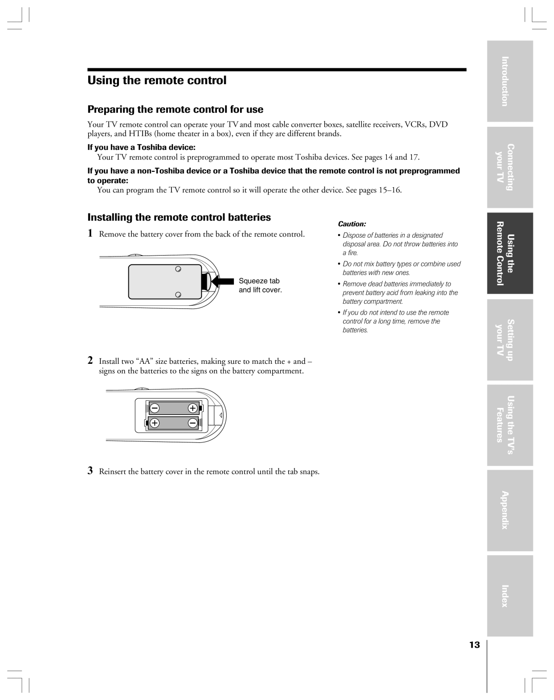 Toshiba 32AF44 Using the remote control, Preparing the remote control for use, Installing the remote control batteries 