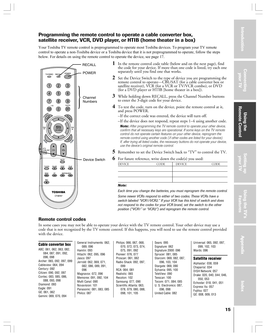 Toshiba 32AF44 owner manual Remote control codes, Connecting OurTV 