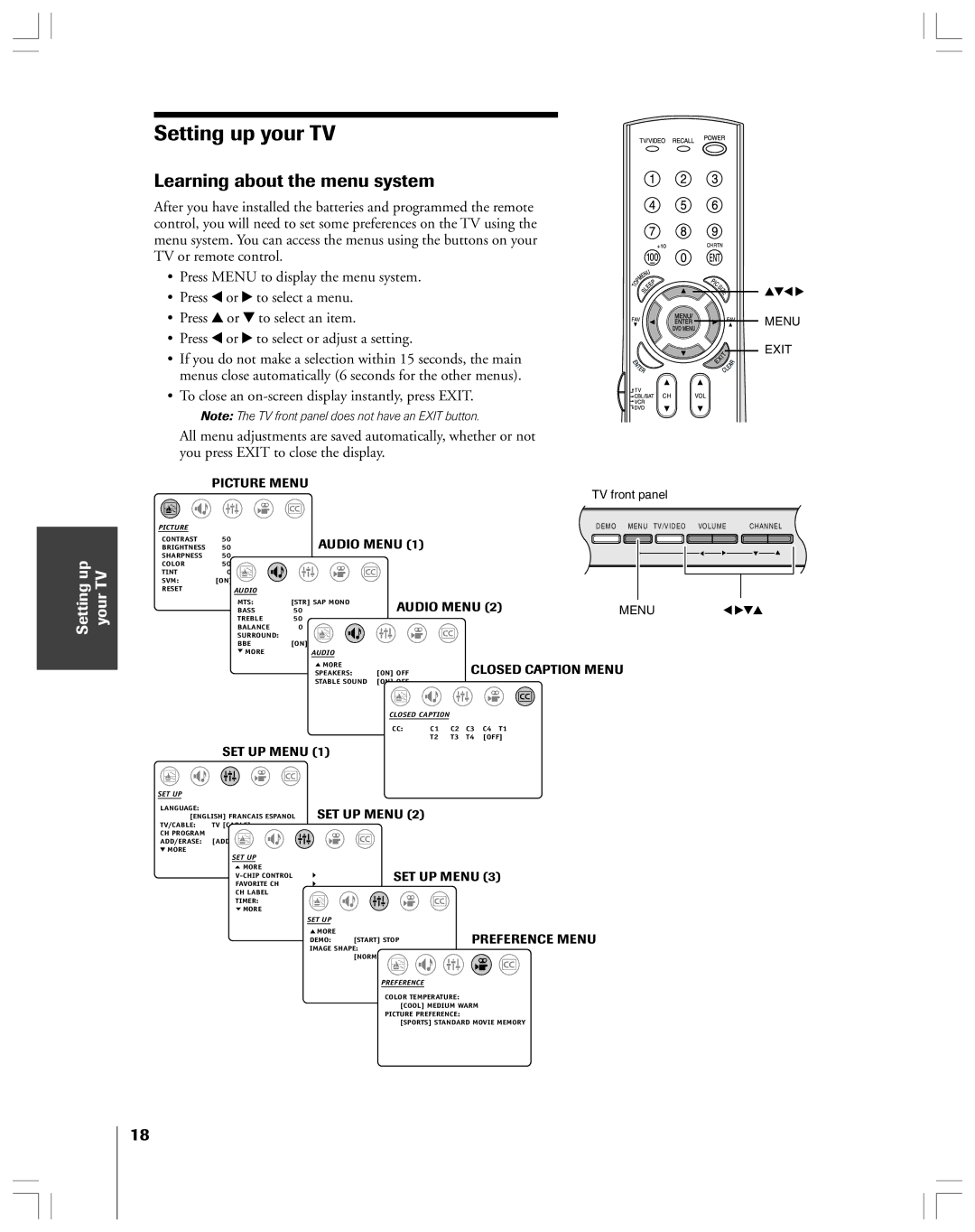 Toshiba 32AF44 owner manual Setting up your TV, Learning about the menu system, Up TV 