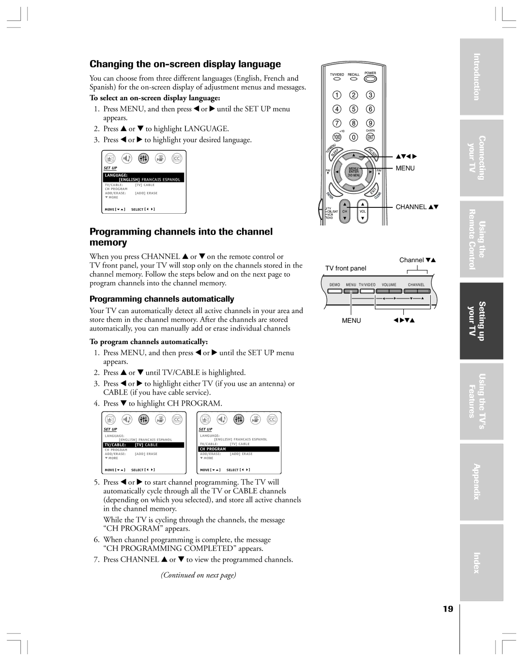 Toshiba 32AF44 Changing the on-screen display language, Programming channels into the channel memory, ControlUsing 