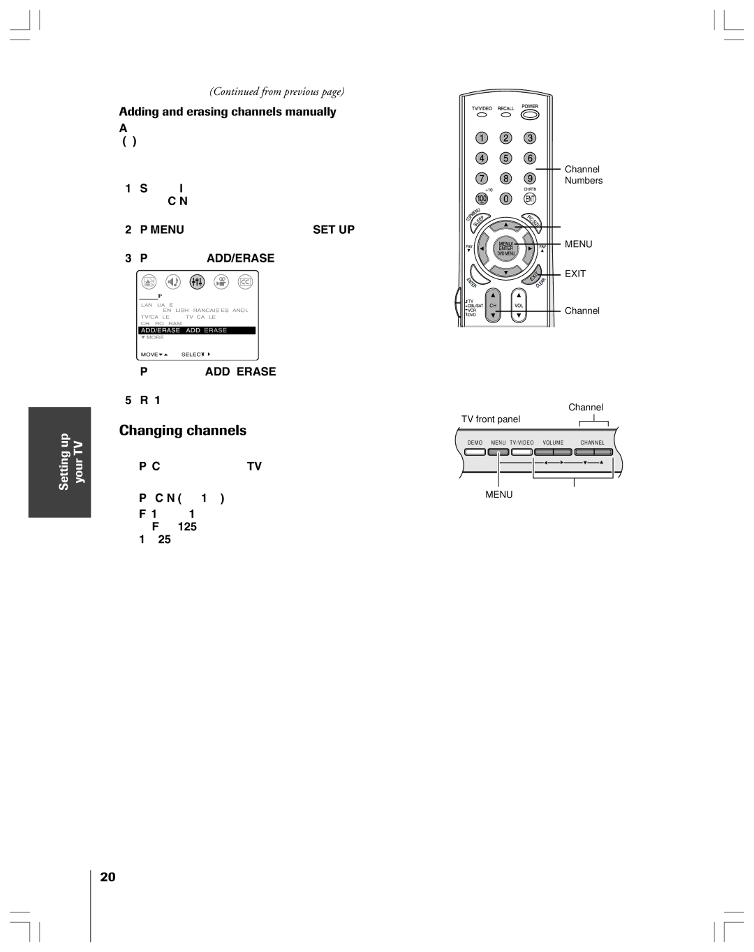 Toshiba 32AF44 owner manual Changing channels, Adding and erasing channels manually, Setting up your TV 