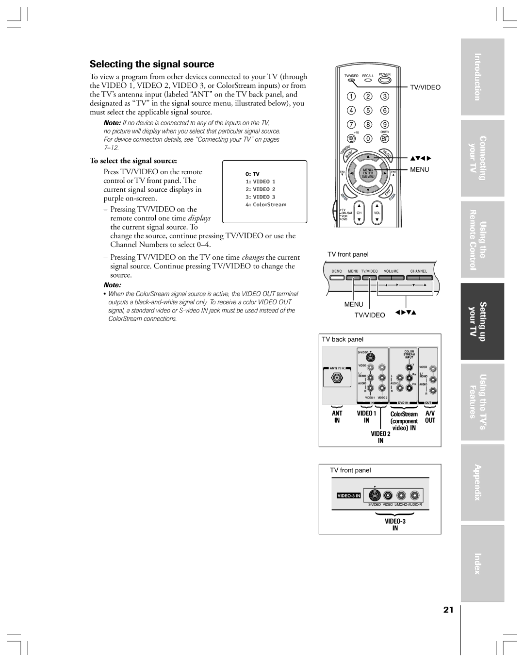 Toshiba 32AF44 owner manual Selecting the signal source, To select the signal source 