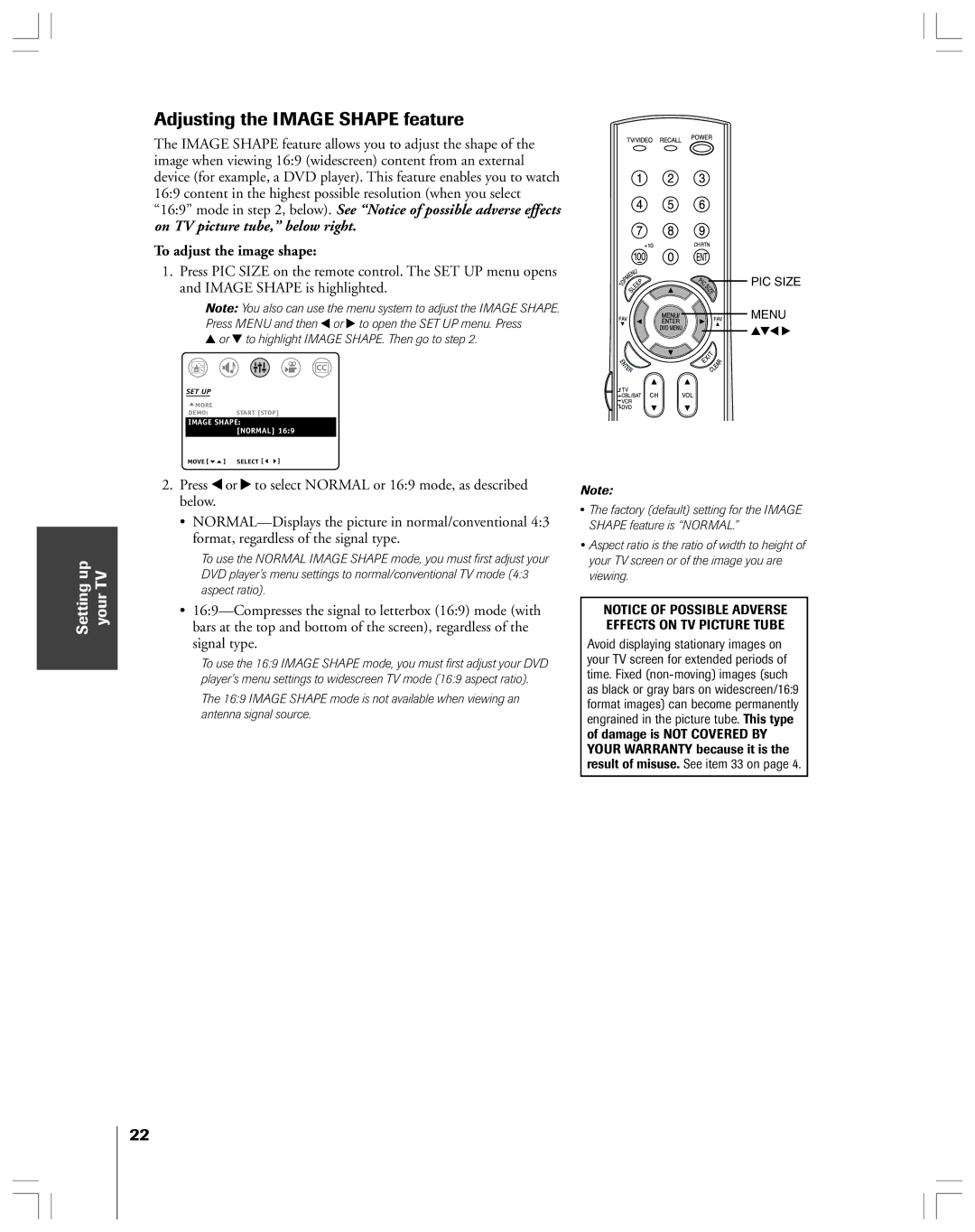 Toshiba 32AF44 owner manual Adjusting the Image Shape feature, To adjust the image shape 