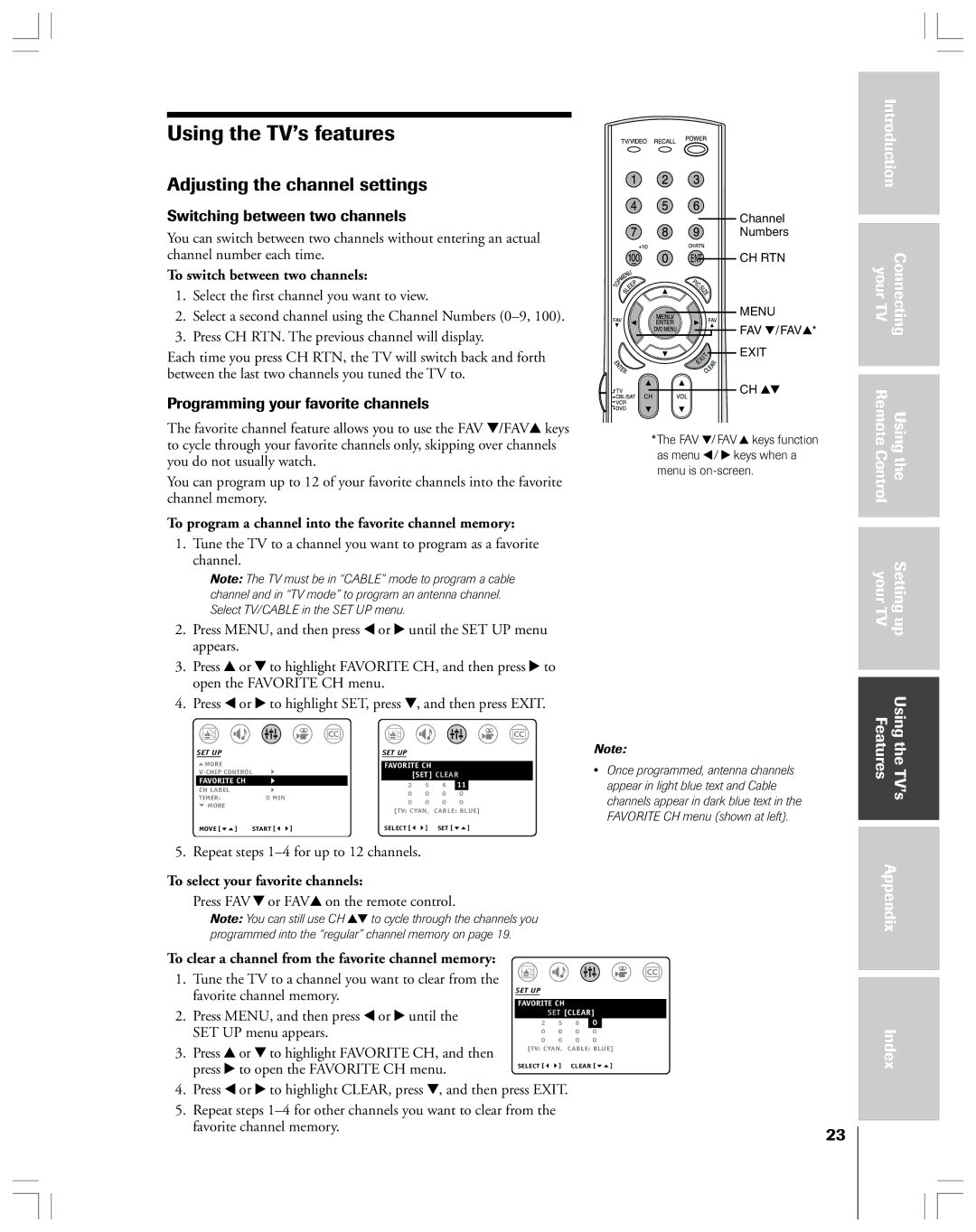 Toshiba 32AF44 Using the TV’s features, Adjusting the channel settings, Switching between two channels, Appendix 