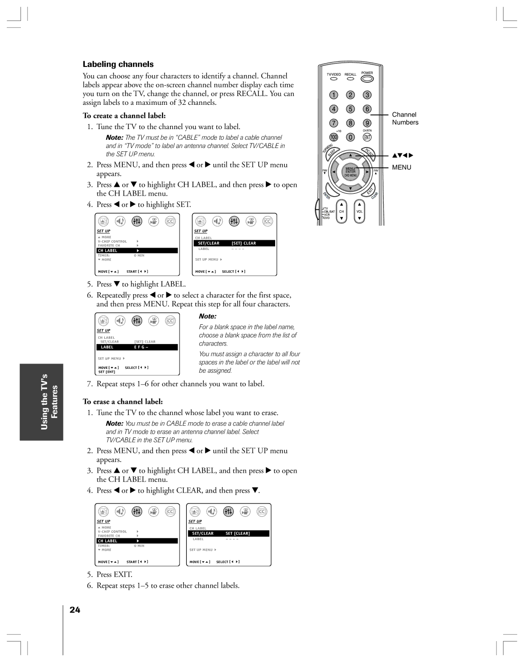 Toshiba 32AF44 owner manual Labeling channels, Using the TV’s Features, To create a channel label, To erase a channel label 