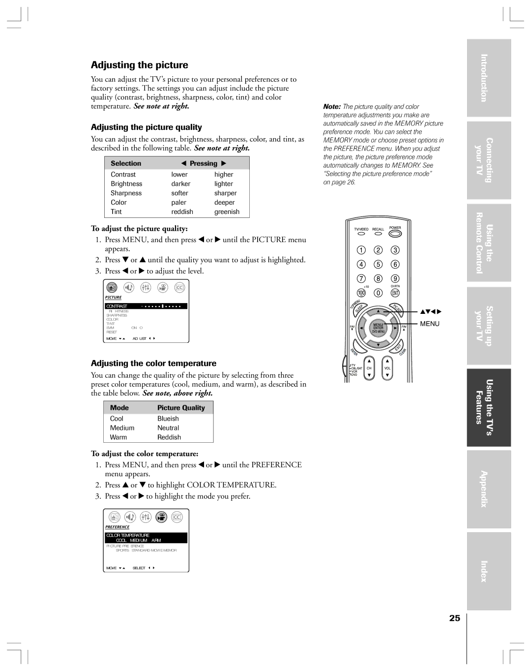 Toshiba 32AF44 Adjusting the picture quality, Adjusting the color temperature, To adjust the picture quality 