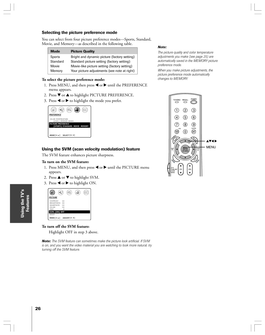 Toshiba 32AF44 Selecting the picture preference mode, To select the picture preference mode, To turn on the SVM feature 