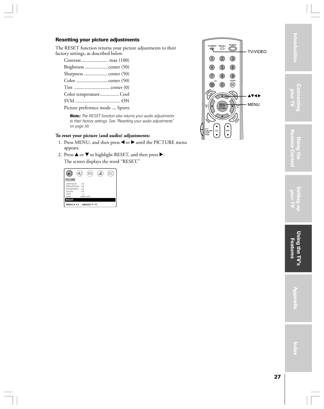 Toshiba 32AF44 owner manual Resetting your picture adjustments, To reset your picture and audio adjustments 