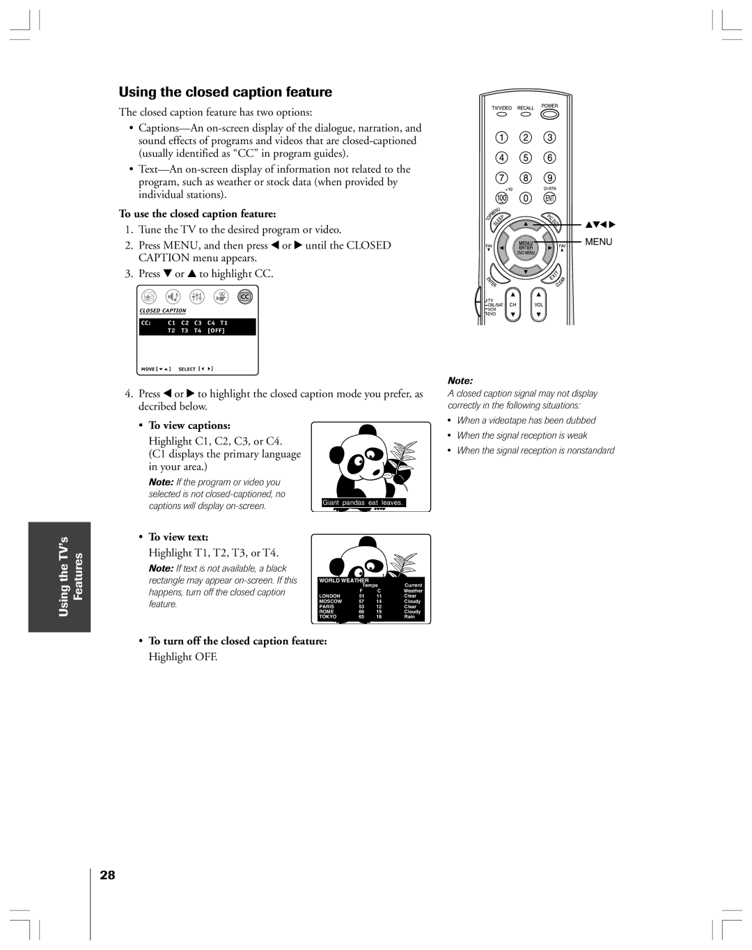 Toshiba 32AF44 Using the closed caption feature, To use the closed caption feature, ¥ To view captions, ¥ To view text 