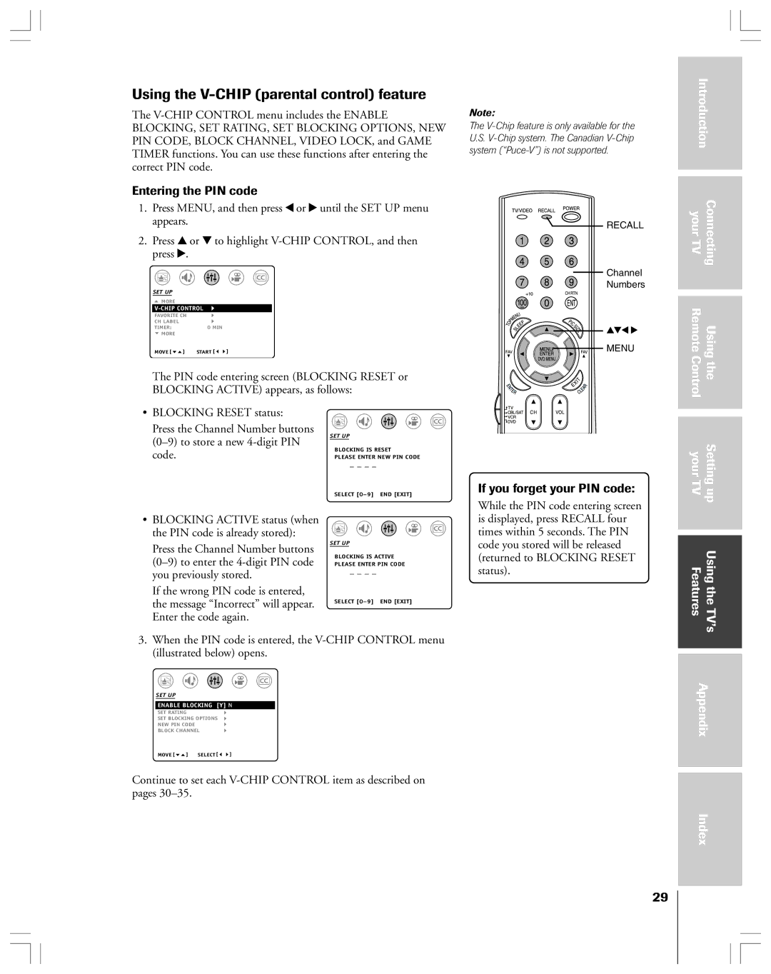 Toshiba 32AF44 Using the V-CHIP parental control feature, Entering the PIN code, If you forget your PIN code, Code 