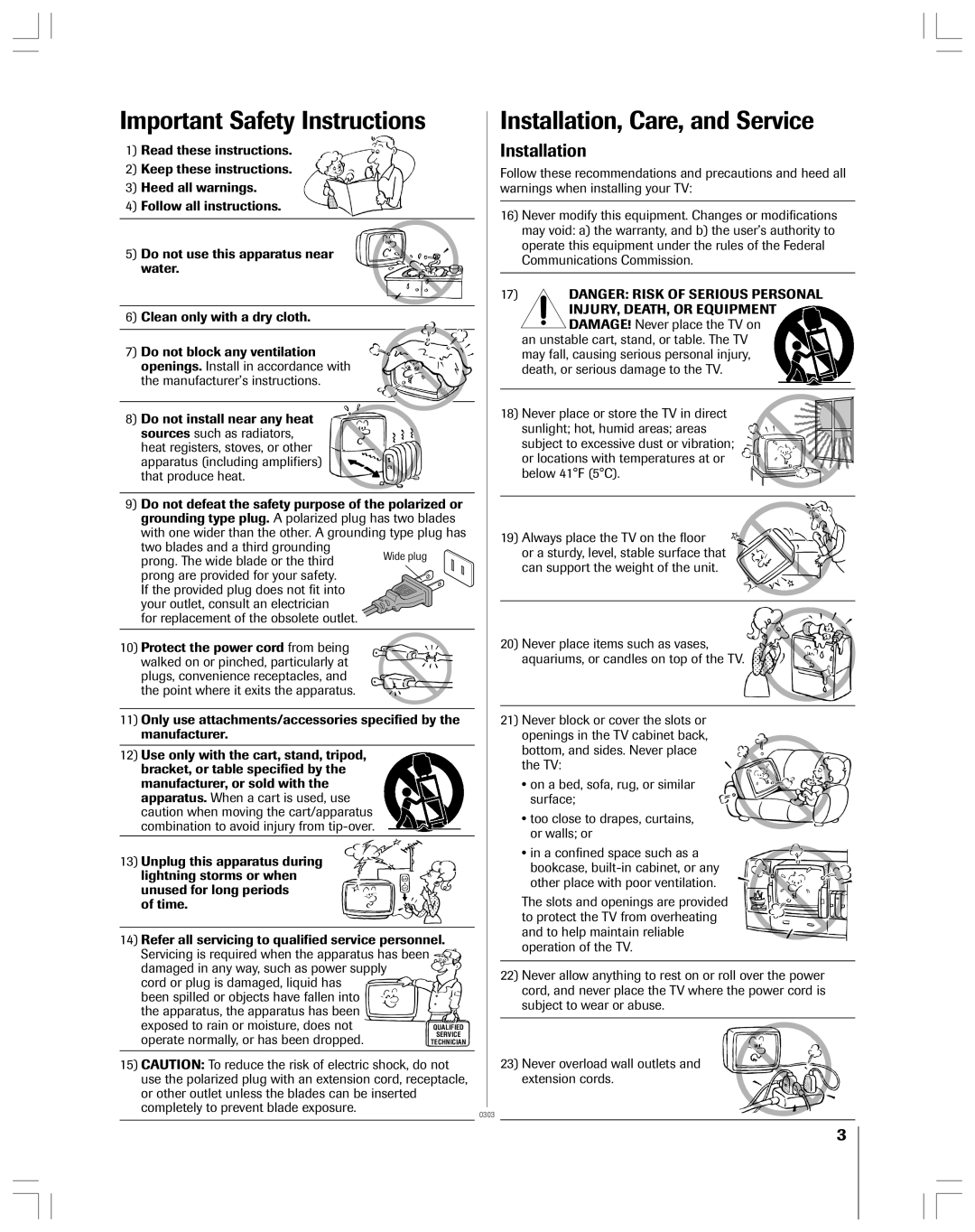 Toshiba 32AF44 owner manual Important Safety Instructions, Installation 