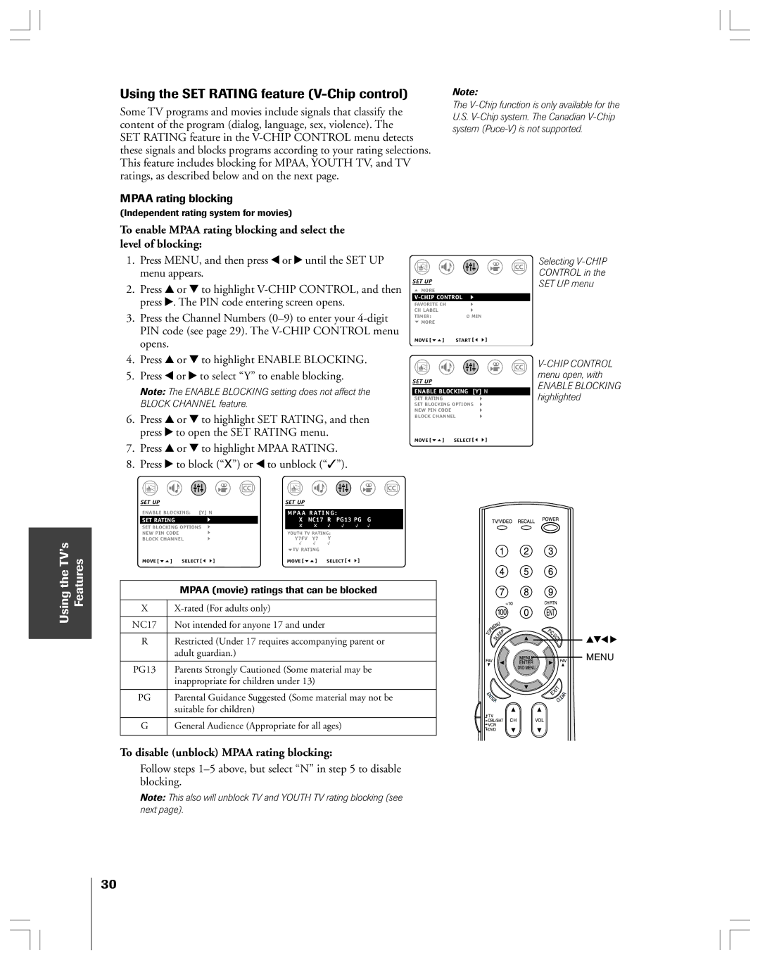 Toshiba 32AF44 owner manual Using the SET Rating feature V-Chip control, Press y or z to highlight SET RATING, and then 