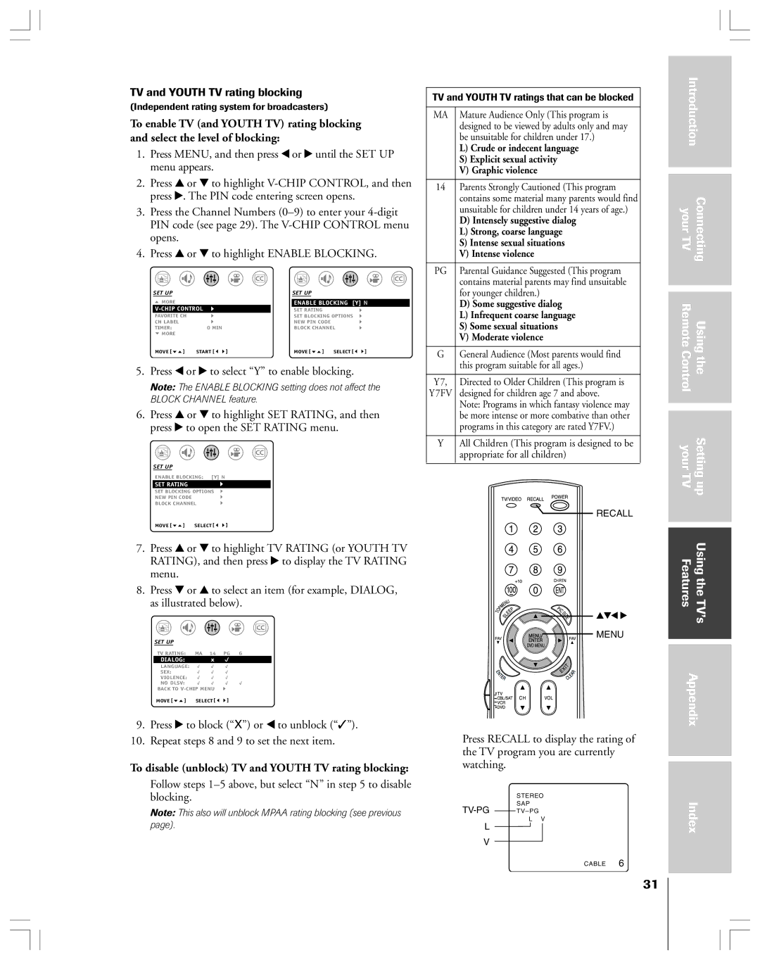 Toshiba 32AF44 owner manual To disable unblock TV and Youth TV rating blocking, TV and Youth TV ratings that can be blocked 