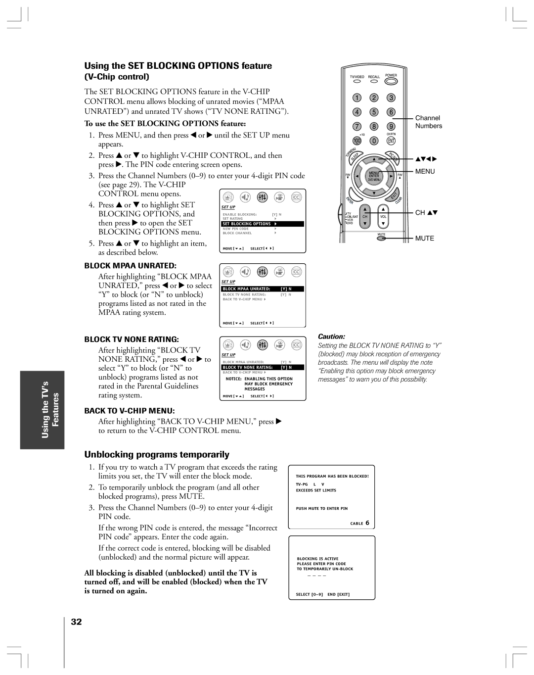 Toshiba 32AF44 owner manual Using the SET Blocking Options feature, Unblocking programs temporarily, Chip control 