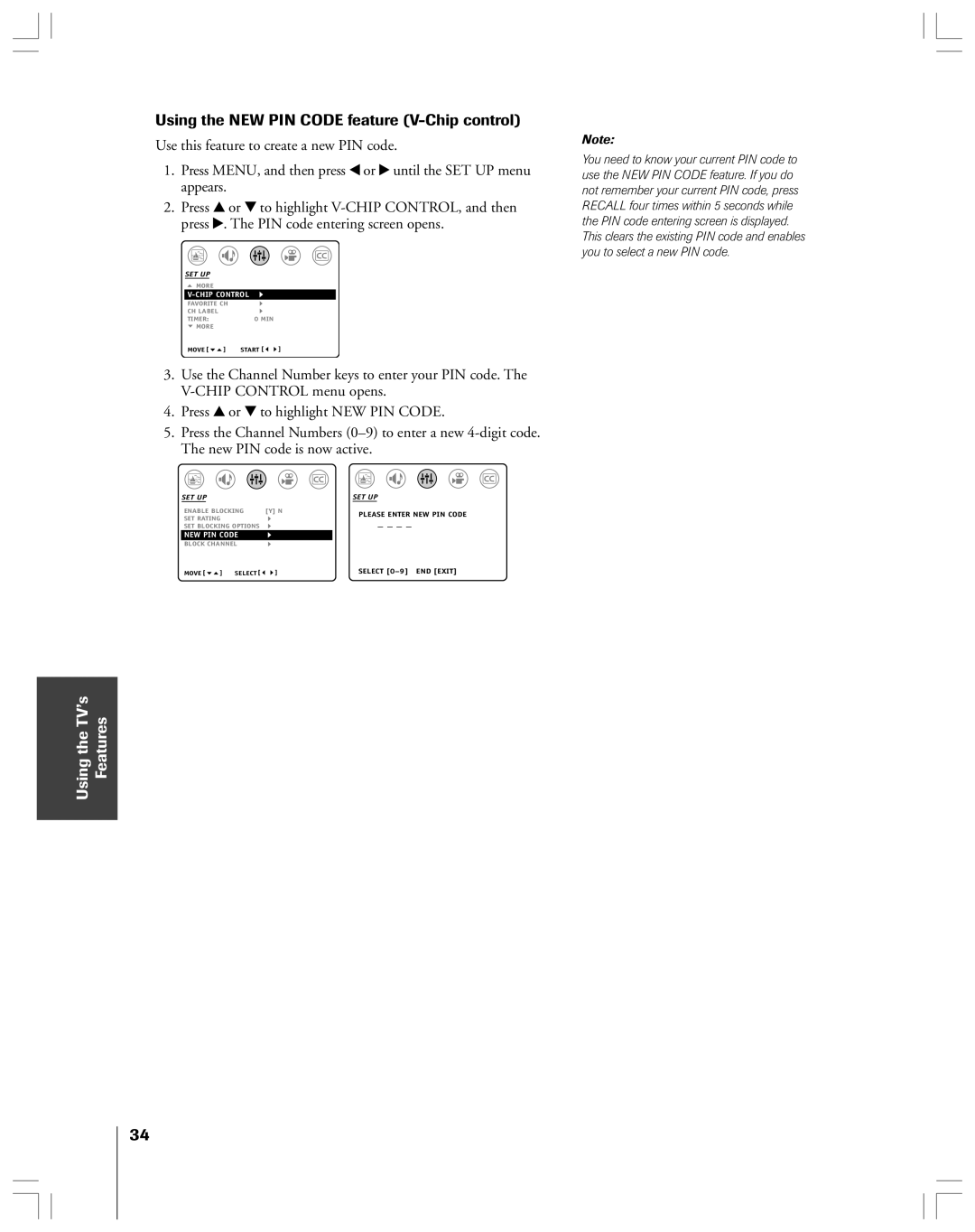 Toshiba 32AF44 owner manual Using the NEW PIN Code feature V-Chip control, Features 