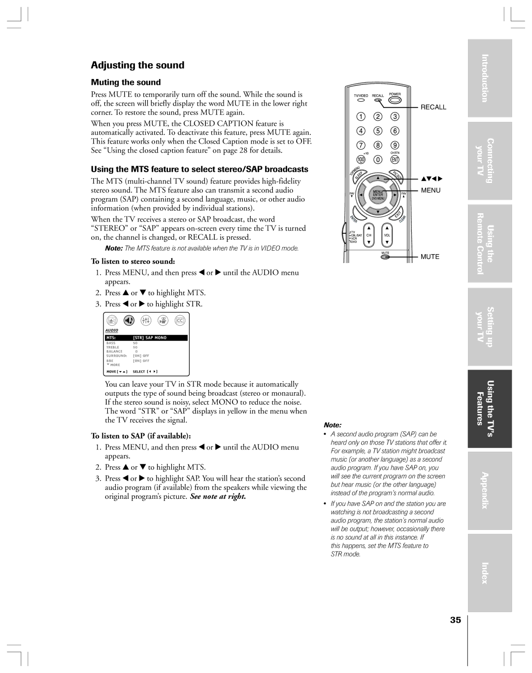 Toshiba 32AF44 owner manual Adjusting the sound, Muting the sound, Using the MTS feature to select stereo/SAP broadcasts 