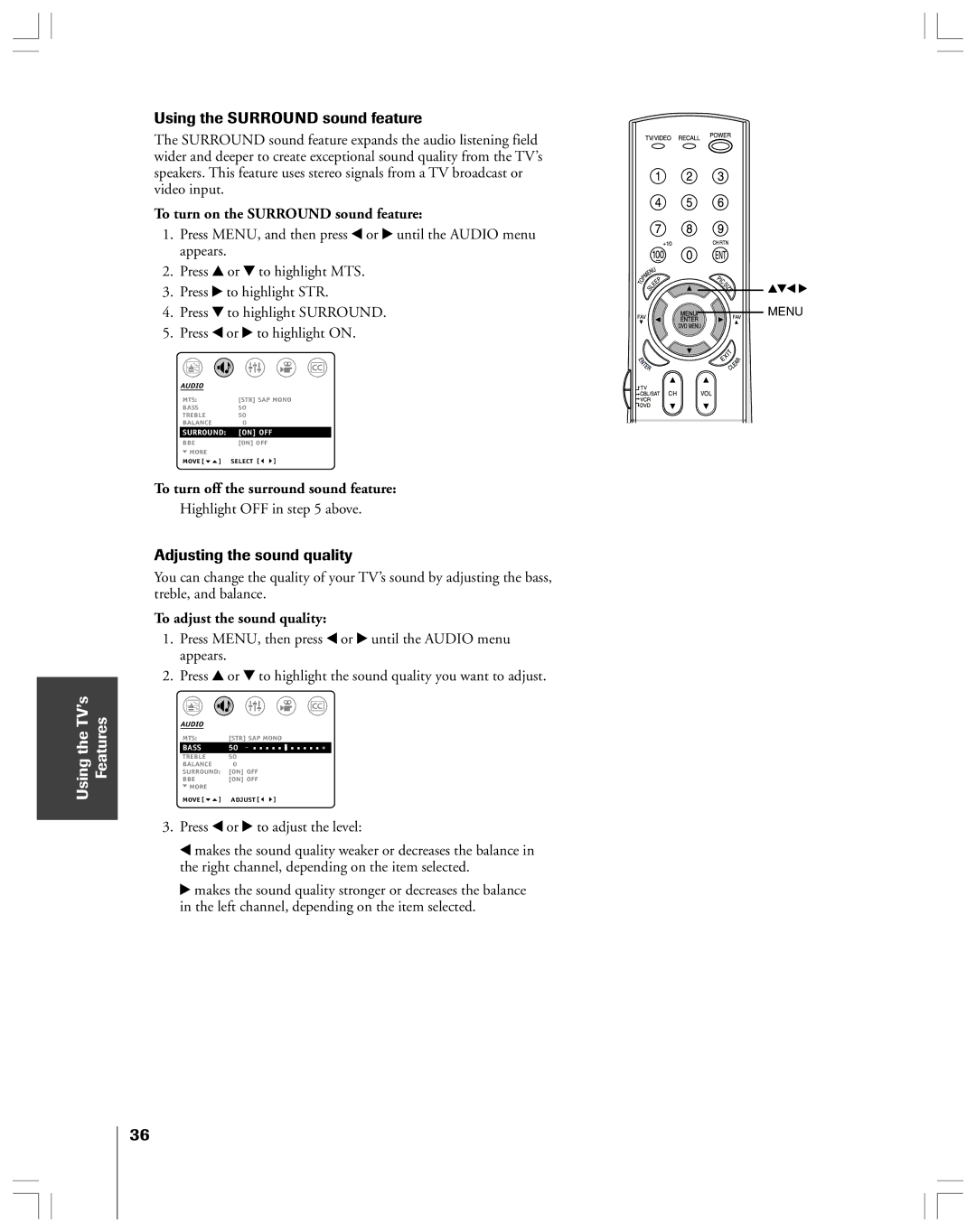 Toshiba 32AF44 Using the Surround sound feature, Adjusting the sound quality, To turn on the Surround sound feature 