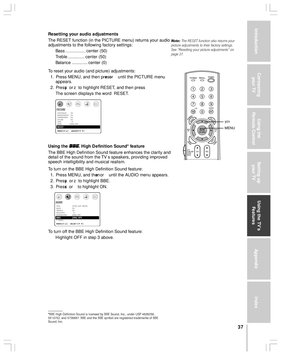 Toshiba 32AF44 owner manual Resetting your audio adjustments, Using the High Definition Sound* feature 