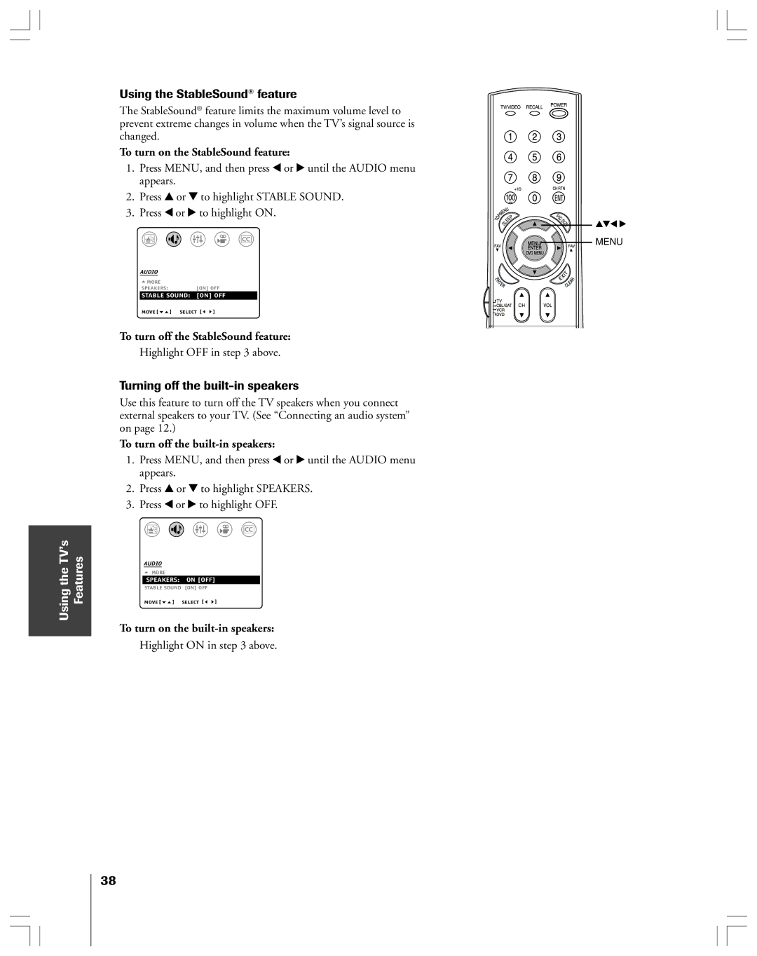 Toshiba 32AF44 owner manual Using the StableSound feature, Turning off the built-in speakers 