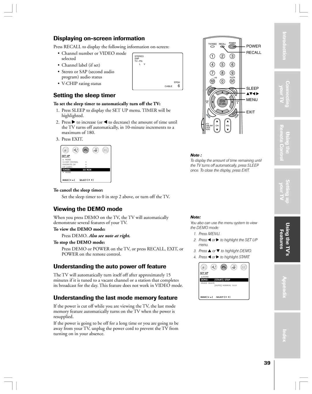 Toshiba 32AF44 owner manual Displaying on-screen information, Setting the sleep timer, Viewing the Demo mode 