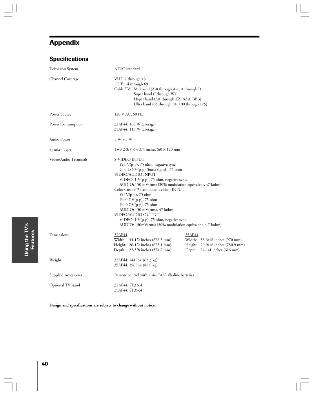 Toshiba 32AF44 owner manual Appendix, Specifications 