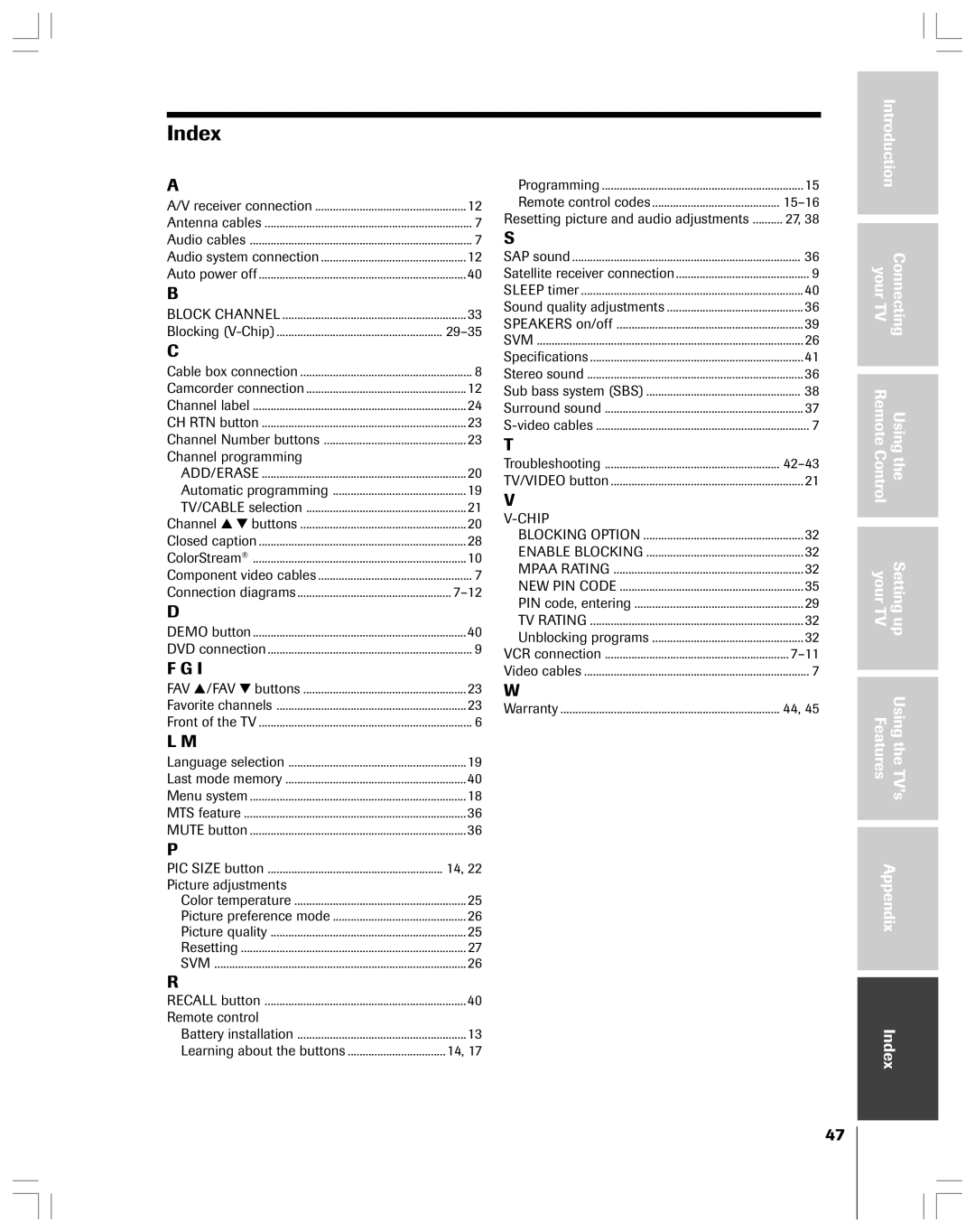 Toshiba 32AF44 owner manual Index, Resetting picture and audio adjustments 