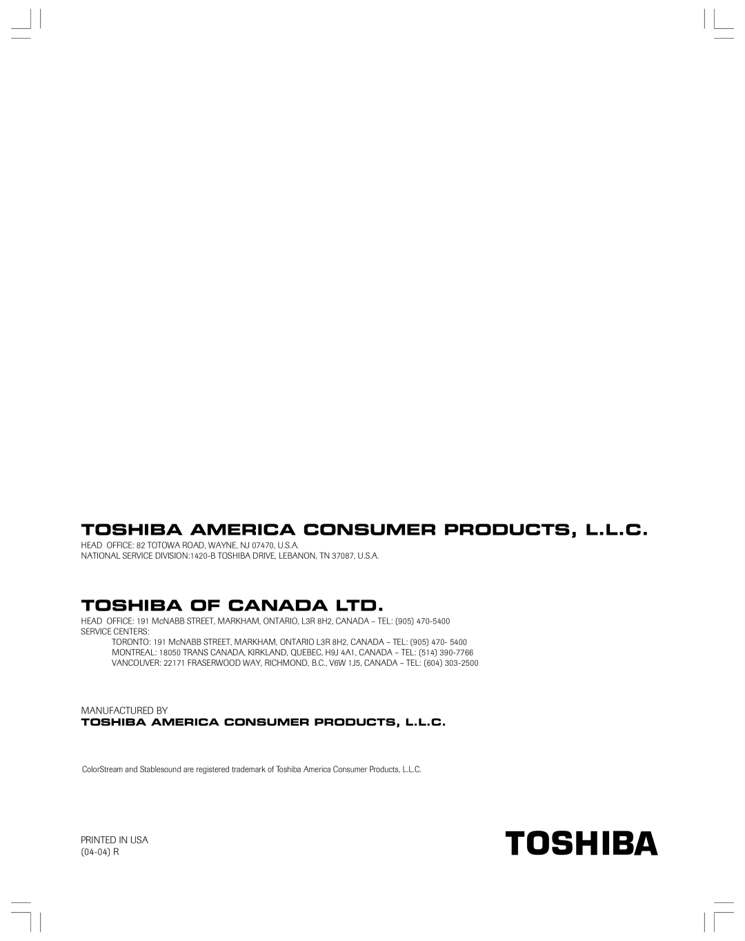 Toshiba 32AF44 owner manual Toshiba America Consumer PRODUCTS, L.L.C 