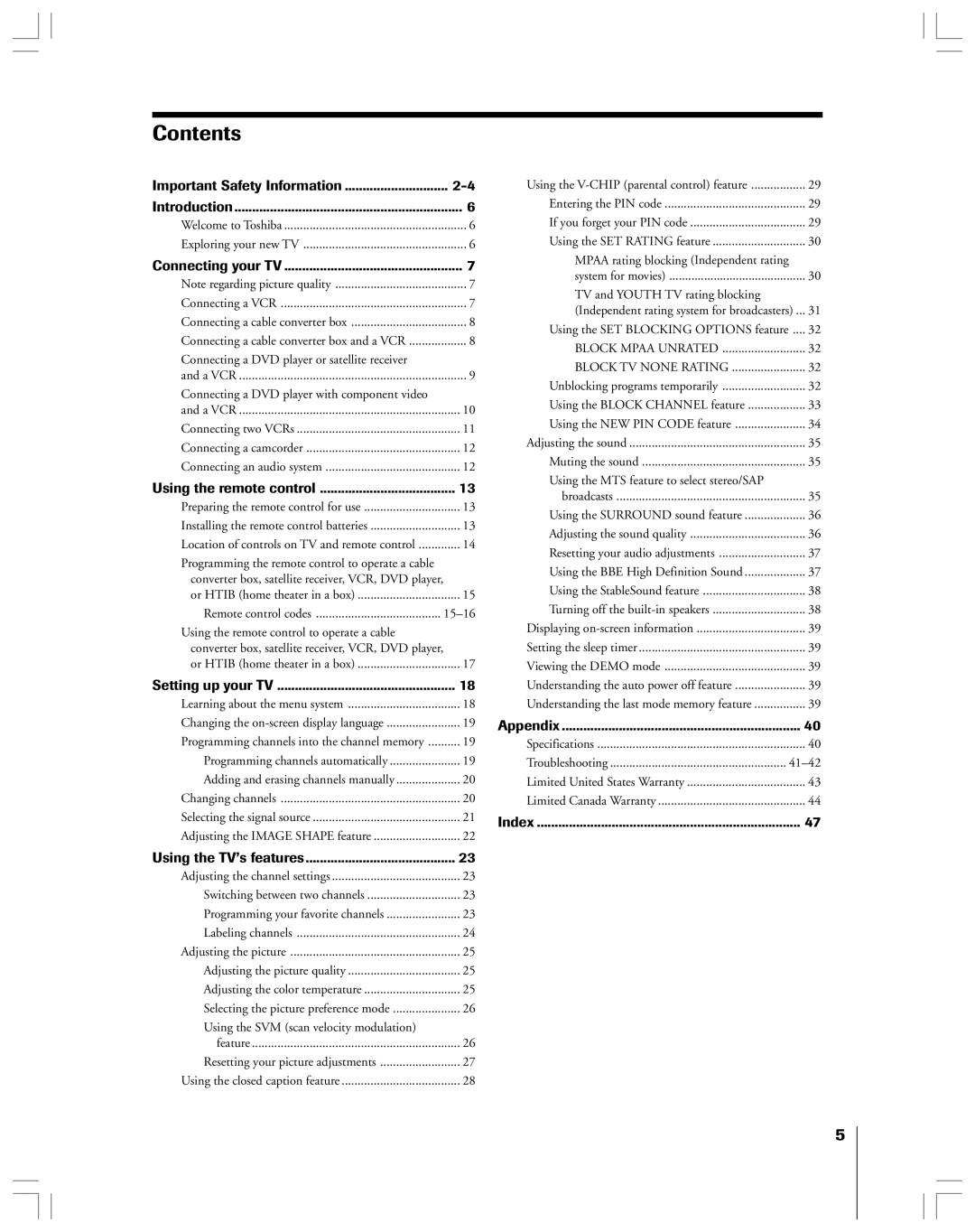 Toshiba 32AF44 owner manual Contents 