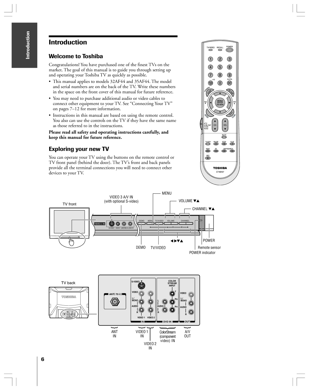 Toshiba 32AF44 owner manual Introduction, Welcome to Toshiba, Exploring your new TV 