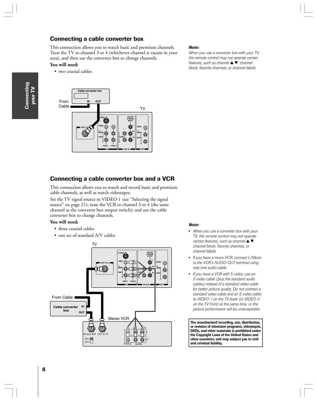 Toshiba 32AF44 owner manual Connecting a cable converter box and a VCR, Connecting your TV, ¥ two coaxial cables 