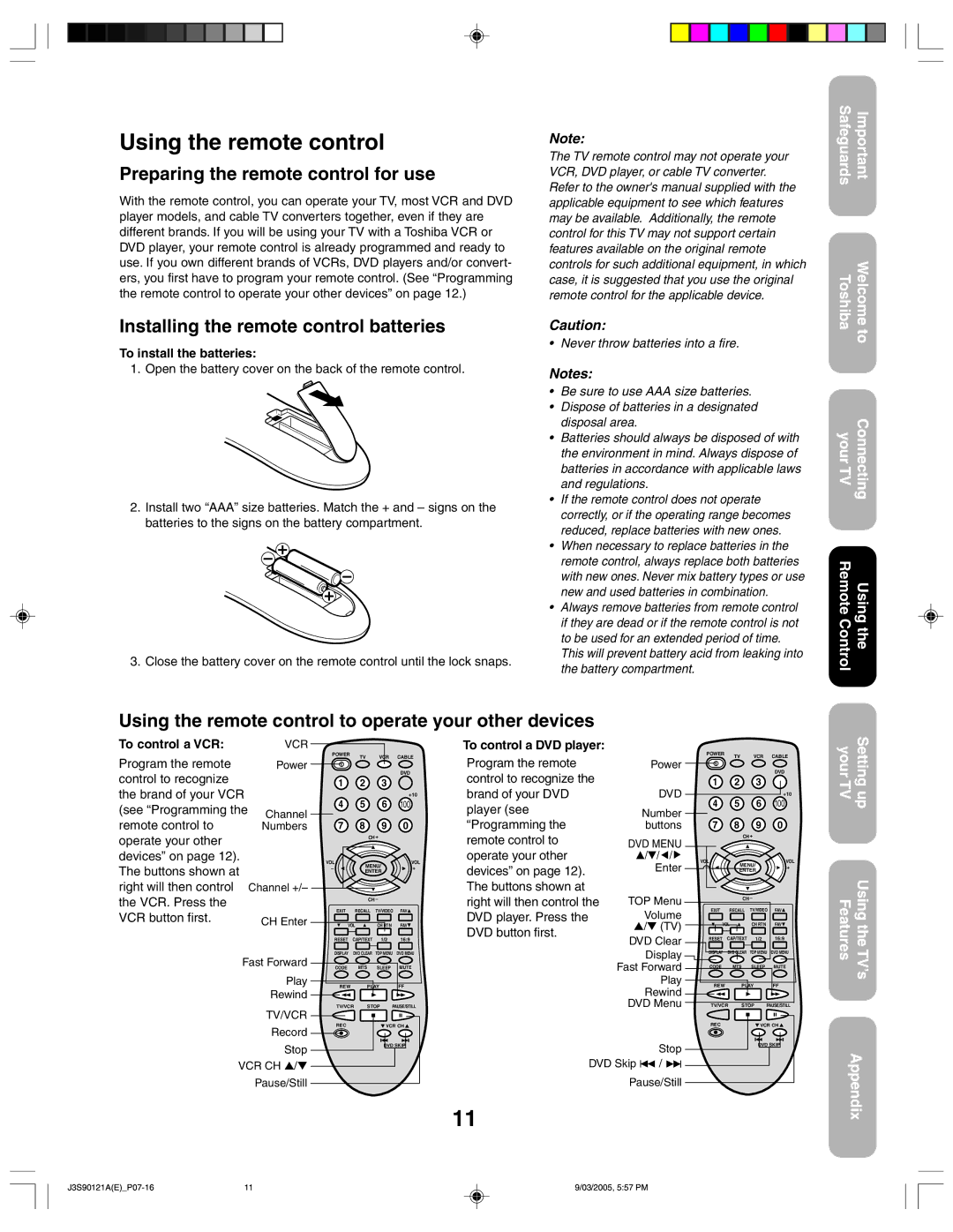 Toshiba 32AF45 Using the remote control, Preparing the remote control for use, Installing the remote control batteries 