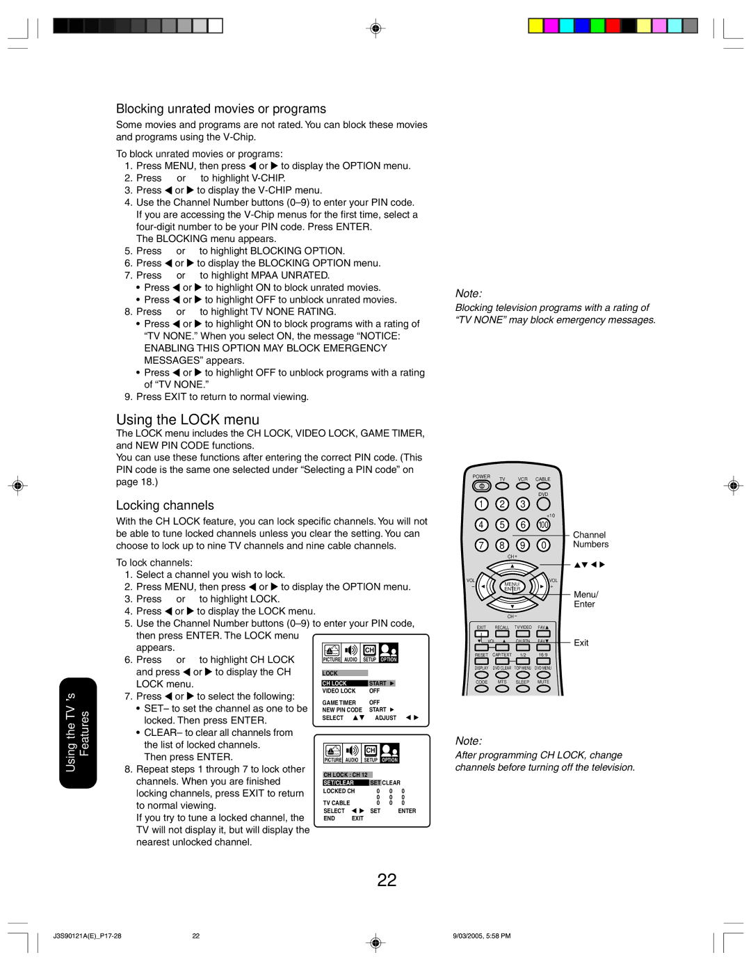 Toshiba 32AF45 appendix Using the Lock menu, Blocking unrated movies or programs, Locking channels 