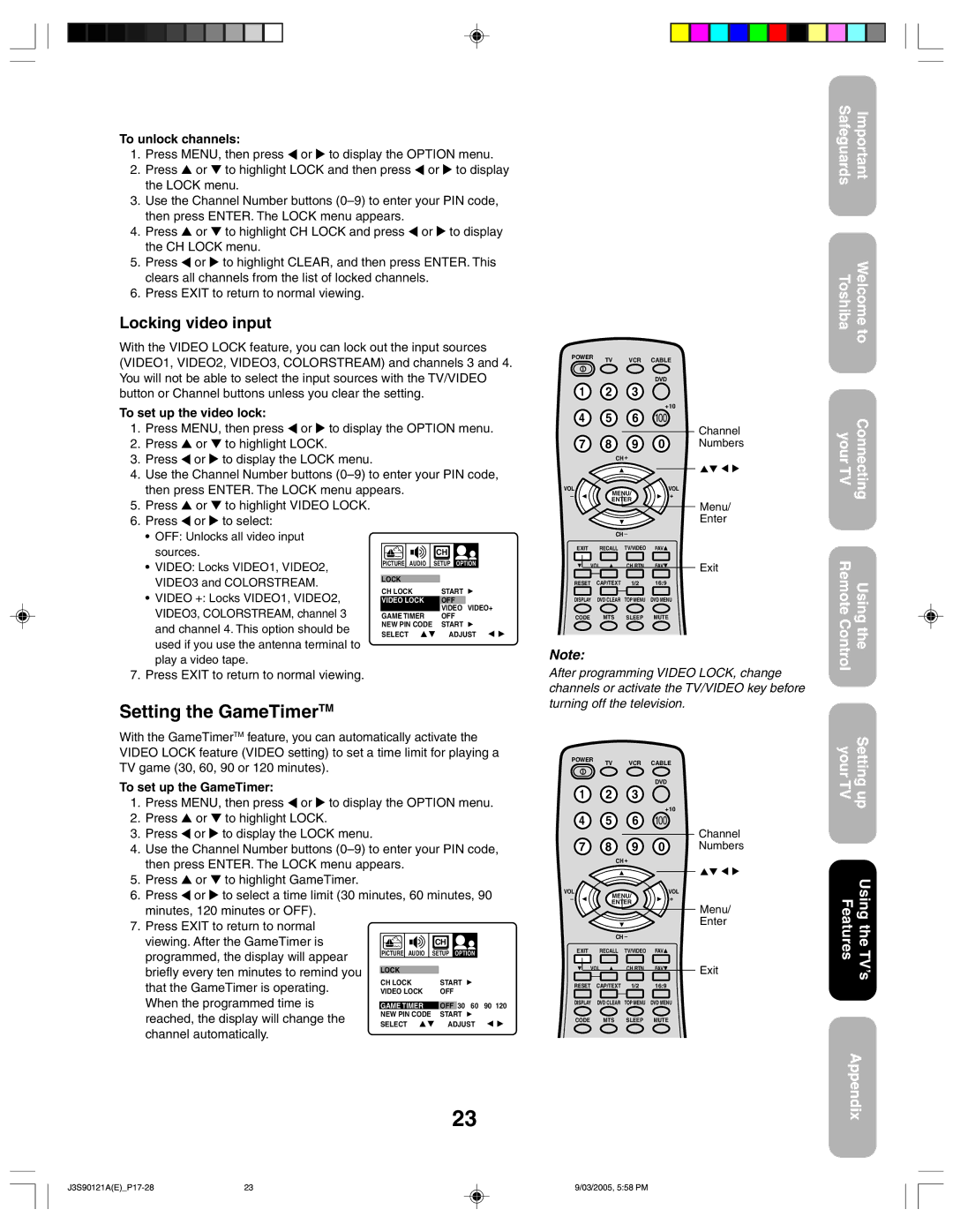 Toshiba 32AF45 appendix Setting the GameTimerTM, Locking video input 