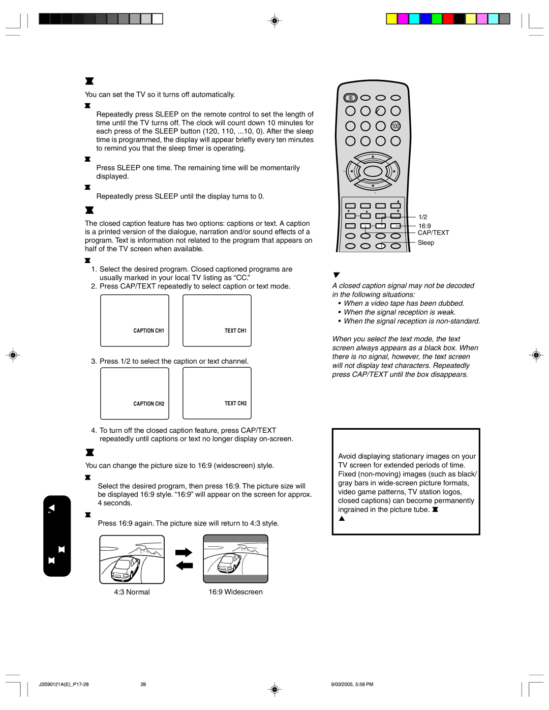 Toshiba 32AF45 appendix Setting the sleep timer, Using the closed caption feature, Changing the picture size 