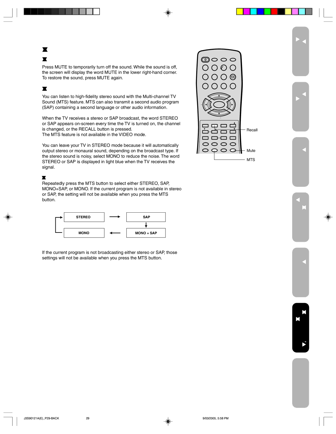 Toshiba 32AF45 appendix Adjusting the sound, Muting the sound, Selecting stereo/SAP broadcasts 