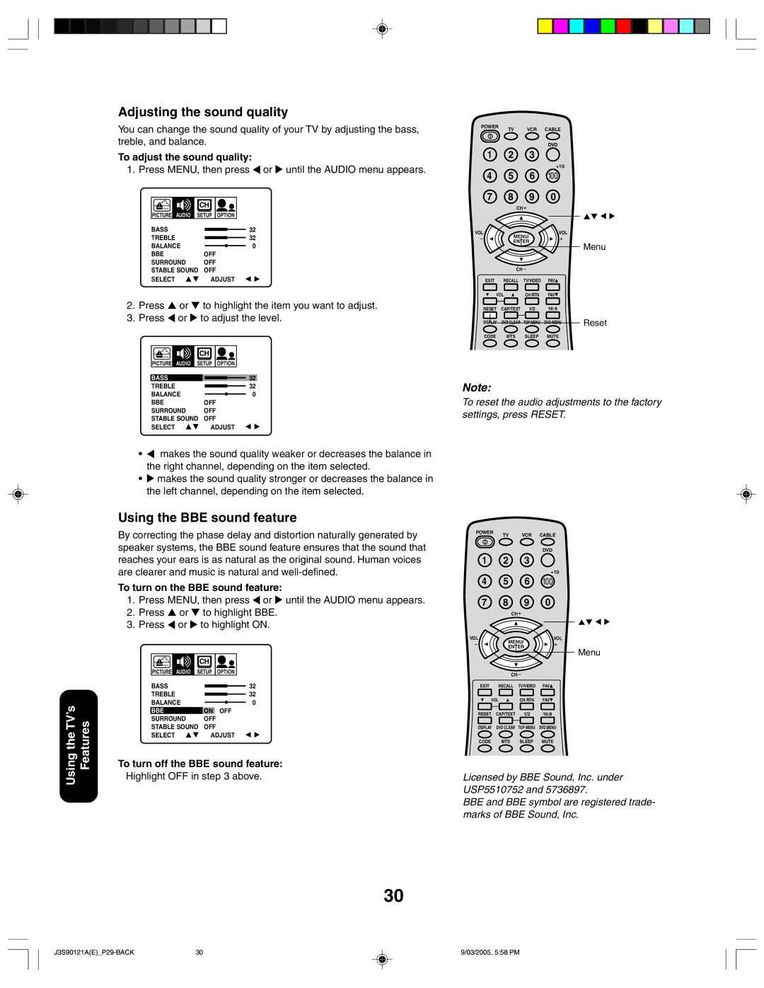 Toshiba 32AF45 appendix Adjusting the sound quality, Using the BBE sound feature, To adjust the sound quality 